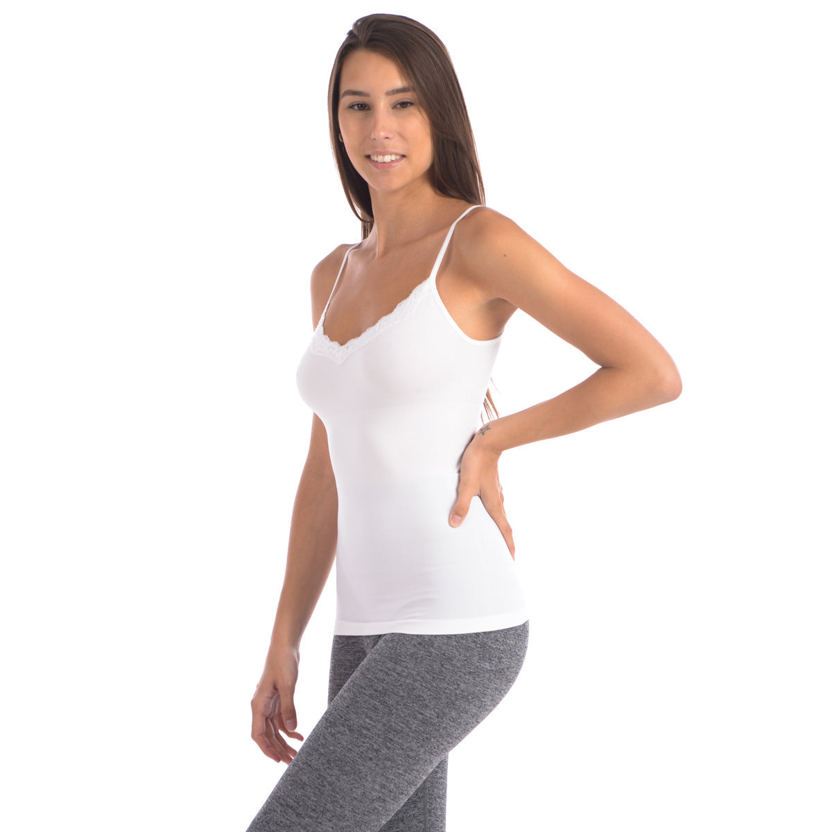 Seamless Slimming Camisole With Lace Trim Neckline - White