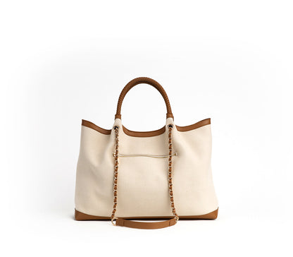 RUTH Off White/Tan Vegan Canvas Tote with Strap