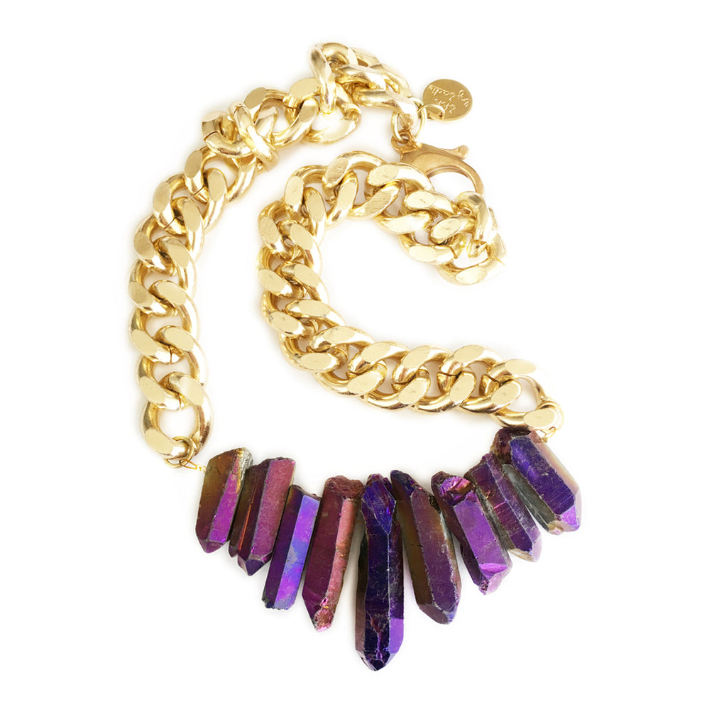 Rocked Up Crystal Quartz Necklace - Purple Gold Chain