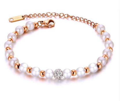 Rose Gold Beaded Bracelet with Simulated Pearls for Stacking