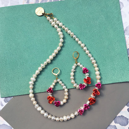 Rose Pearl Earrings and Necklace with Gold Hoops