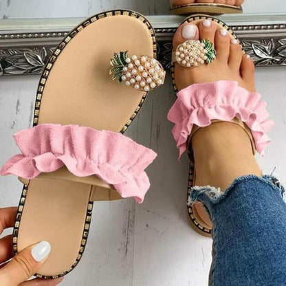 Pineapple Pearl Womens Slippers Flat Toe Casual Beach Slides