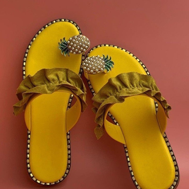 Pineapple Pearl Beach Slides Flat Toe Casual Womens Slippers - Stylemz