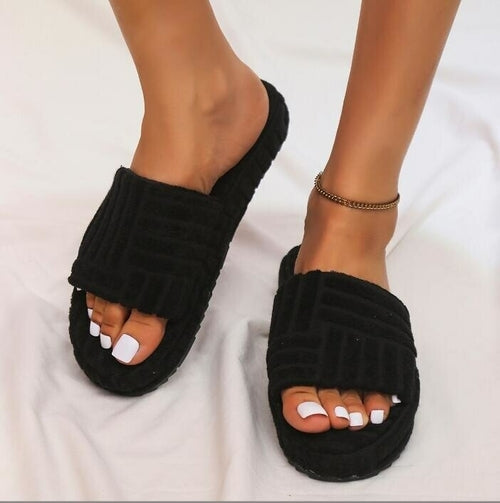 Thick Bottom Embossed Cotton Fur Women Slippers for Comfort