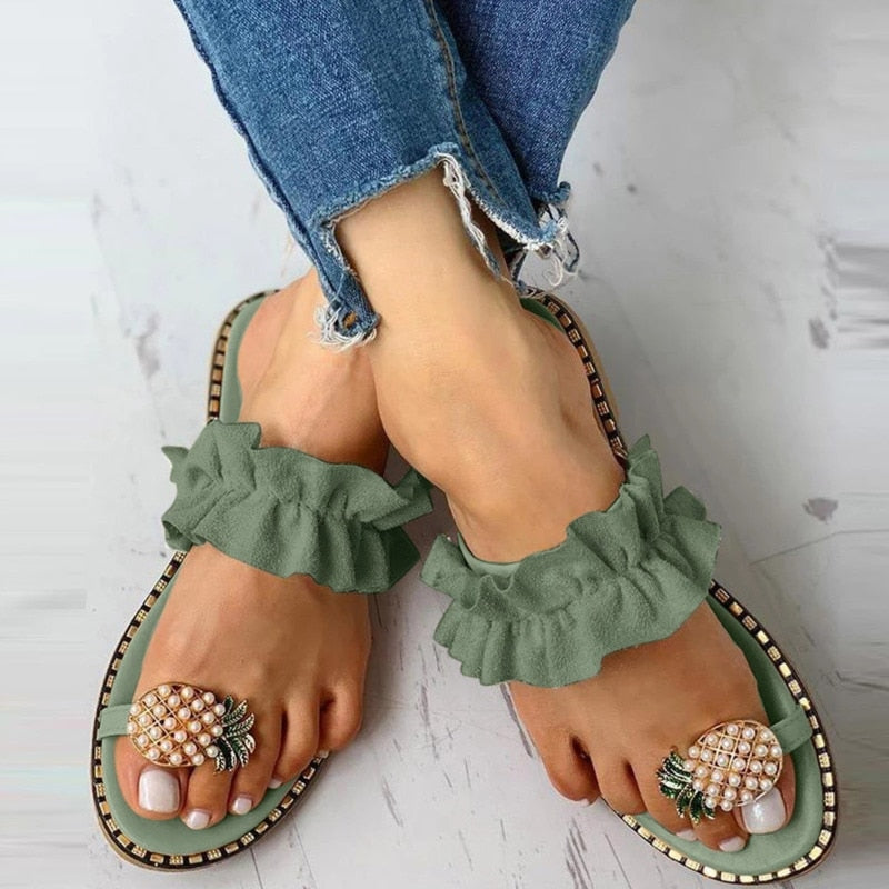 Pineapple Pearl Beach Slides Flat Toe Casual Womens Slippers - Stylemz