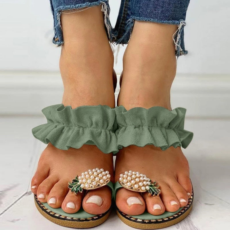 Pineapple Pearl Beach Slides Flat Toe Casual Womens Slippers - Stylemz