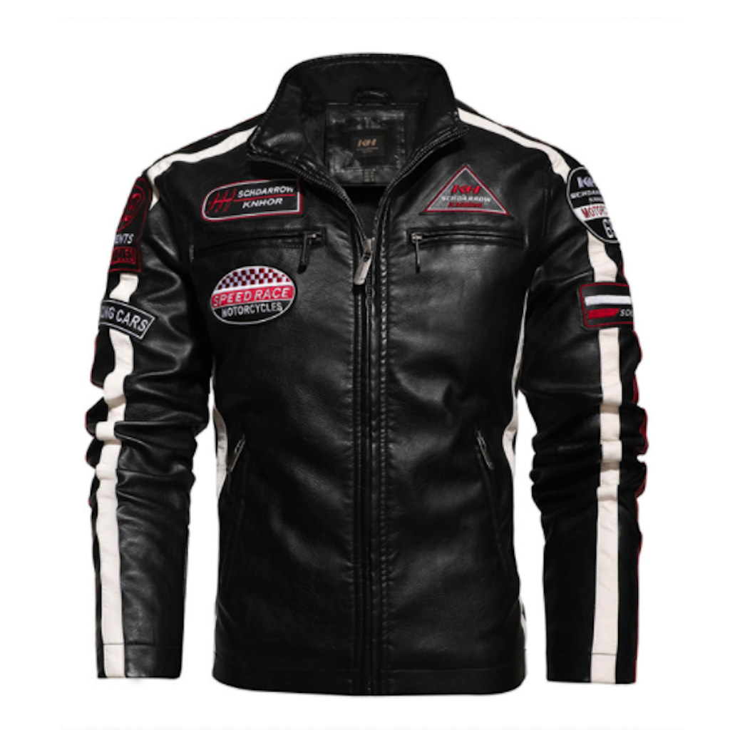 Mens Biker Vegan Leather Jacket With Badges and Faux Fur