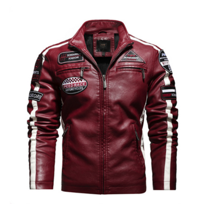 Mens Biker Vegan Leather Jacket With Badges and Faux Fur