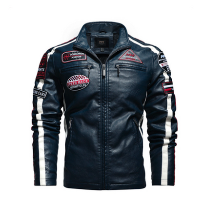 Mens Biker Vegan Leather Jacket With Badges and Faux Fur