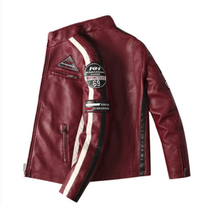 Mens Biker Vegan Leather Jacket With Badges and Faux Fur