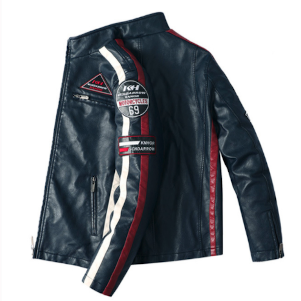 Mens Biker Vegan Leather Jacket With Badges and Faux Fur