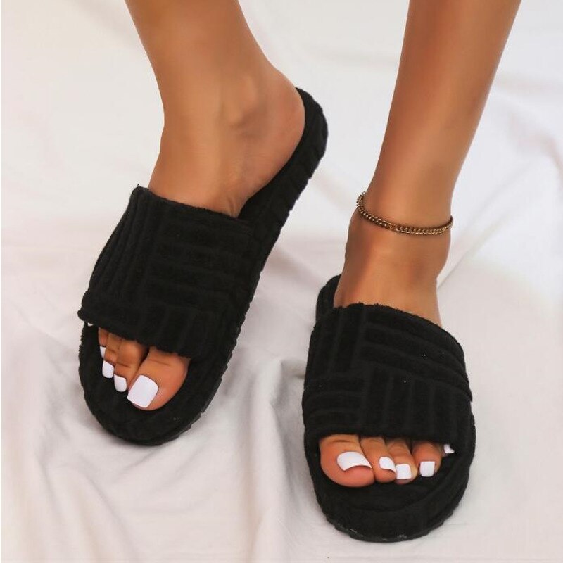 Thick Bottom Embossed Cotton Fur Women Slippers for Comfort