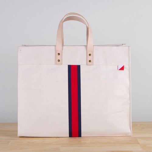 Striped Box Tote Bag with Leather Handles and Pockets