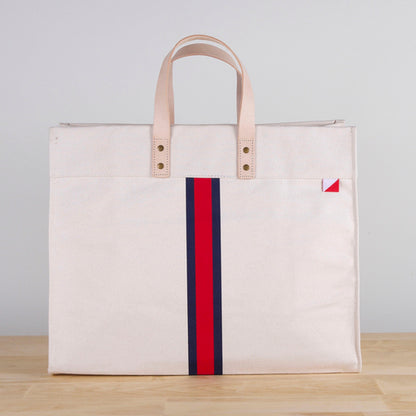 Striped Box Tote Bag with Leather Handles and Pockets