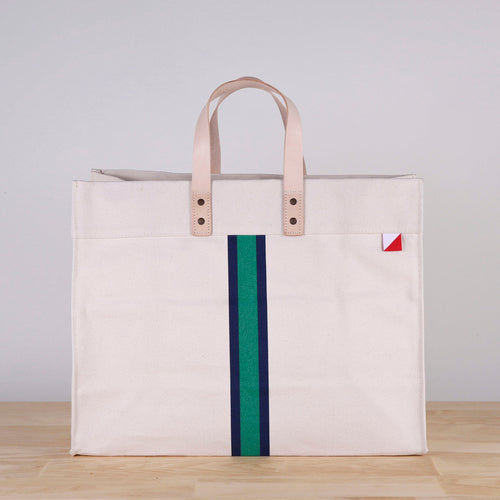 Striped Box Tote Bag with Leather Handles and Pockets