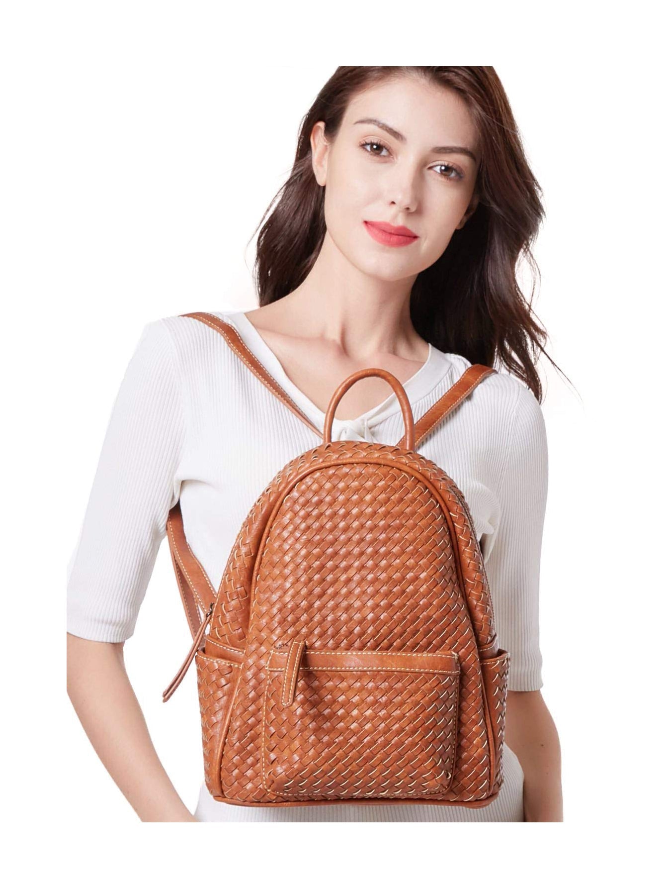 Woven Backpack Purse for Women Camel Vegan Leather MT1086-13 BR