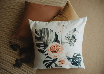 Greenery With Pink Florals Mud-Cloth Pillow Decor