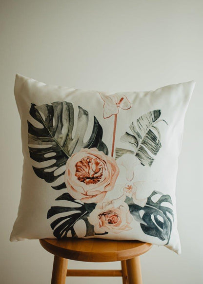 Greenery With Pink Florals Mud-Cloth Pillow Decor