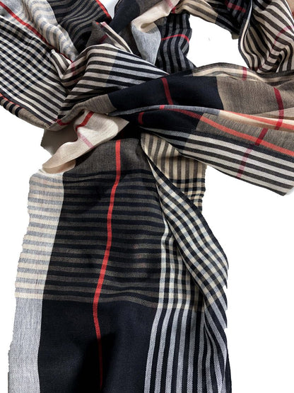 Hand Loomed Black Wool And Silk Check Scarf - Stylemz