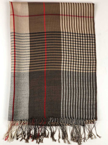 Hand loomed Brown Wool And Silk Check Scarf - Stylemz