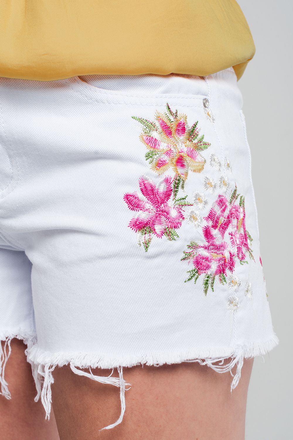 White Denim Shorts With Embroidered Flowers for Women