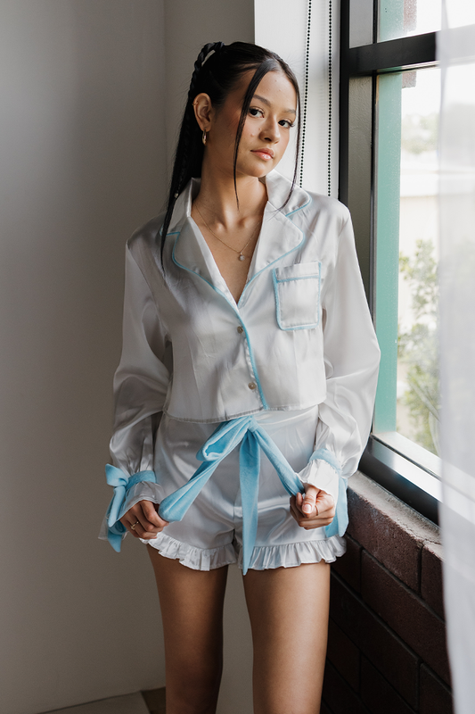 White With Blue Velvet Bow Sleeves Ruffle Pajamas Set