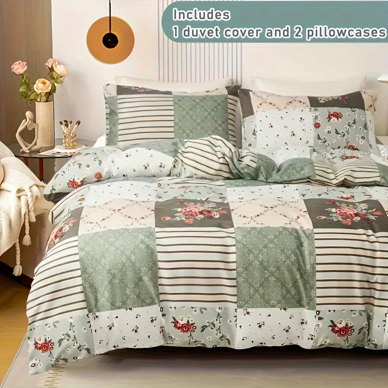 Cozy Pastoral Floral Plaid Duvet Cover Set for Dreamy Bedrooms