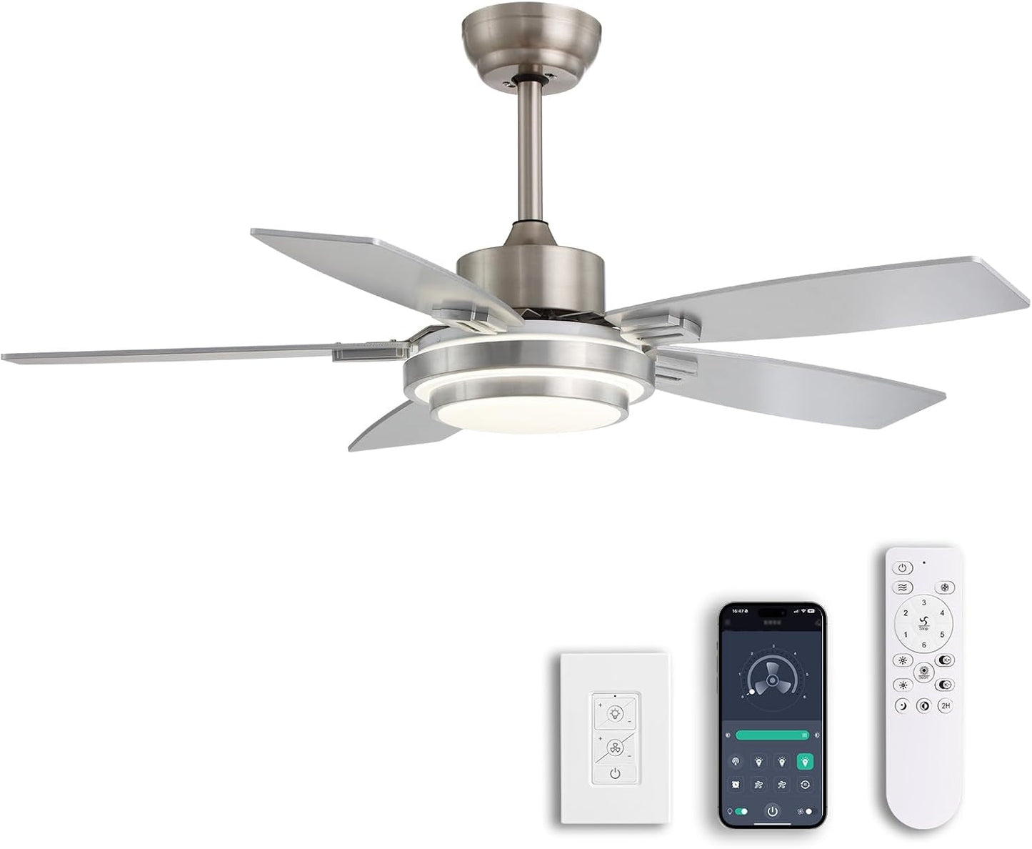 42 Inch Ceiling Fans with Lights and Remote App Control Modern Nickel