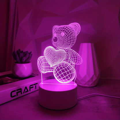 USB Romantic Pink Heart Bear 3D Night Light Decor for Cozy Vibes