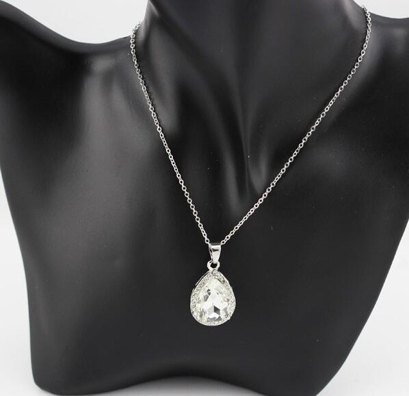 Large Crystal Teardrop Pendant Necklace in 18K White Gold