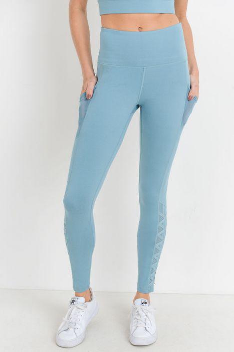 Highwaist Hybrid Mesh & Lattice Straps Full Pocket Leggings - Stylemz