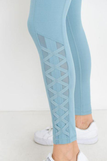 Highwaist Hybrid Mesh & Lattice Straps Full Pocket Leggings - Stylemz