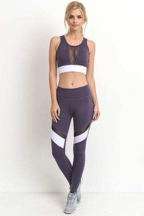 Colorblock Mesh Full Leggings - Dark Violet - Stylemz