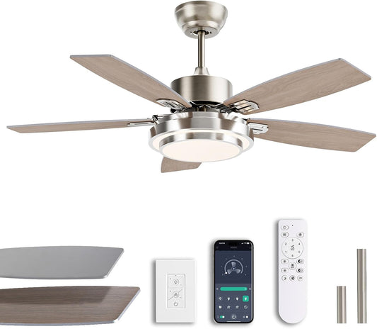 42 Inch Ceiling Fans with Lights and Remote App Control Modern Nickel