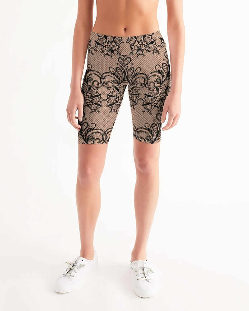 Black & Nude Lace Women's Mid-Rise Bike Shorts for Cycling