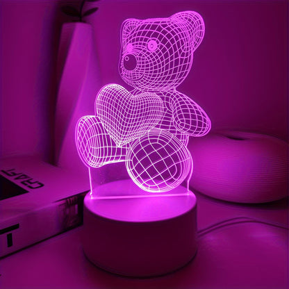 USB Romantic Pink Heart Bear 3D Night Light Decor for Cozy Vibes