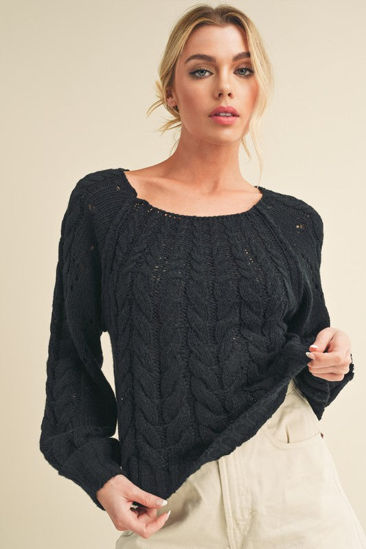 Aemi + Co Cable-Knit Openwork Round Neck Sweater for Cozy Chic