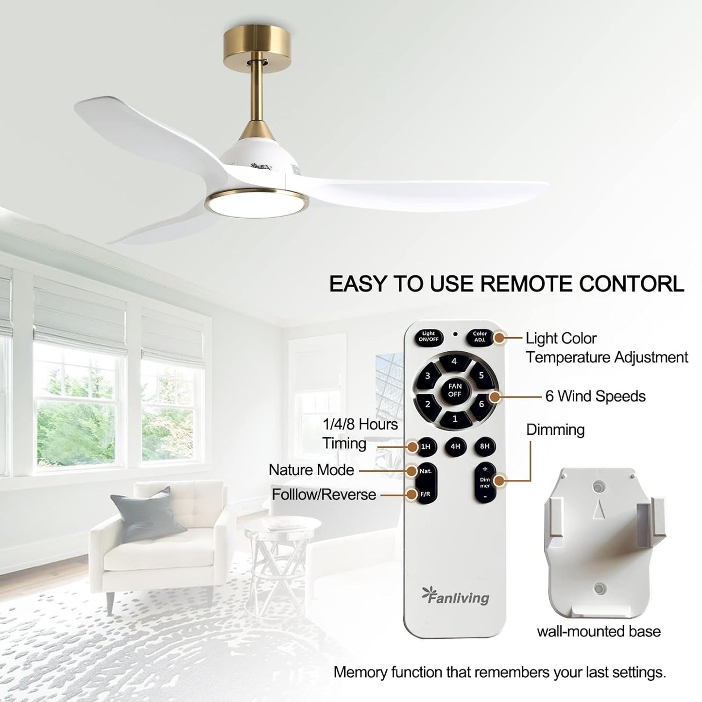 52 Inch 6 Speed High CFM Quiet DC Motor Ceiling Fan with Lights