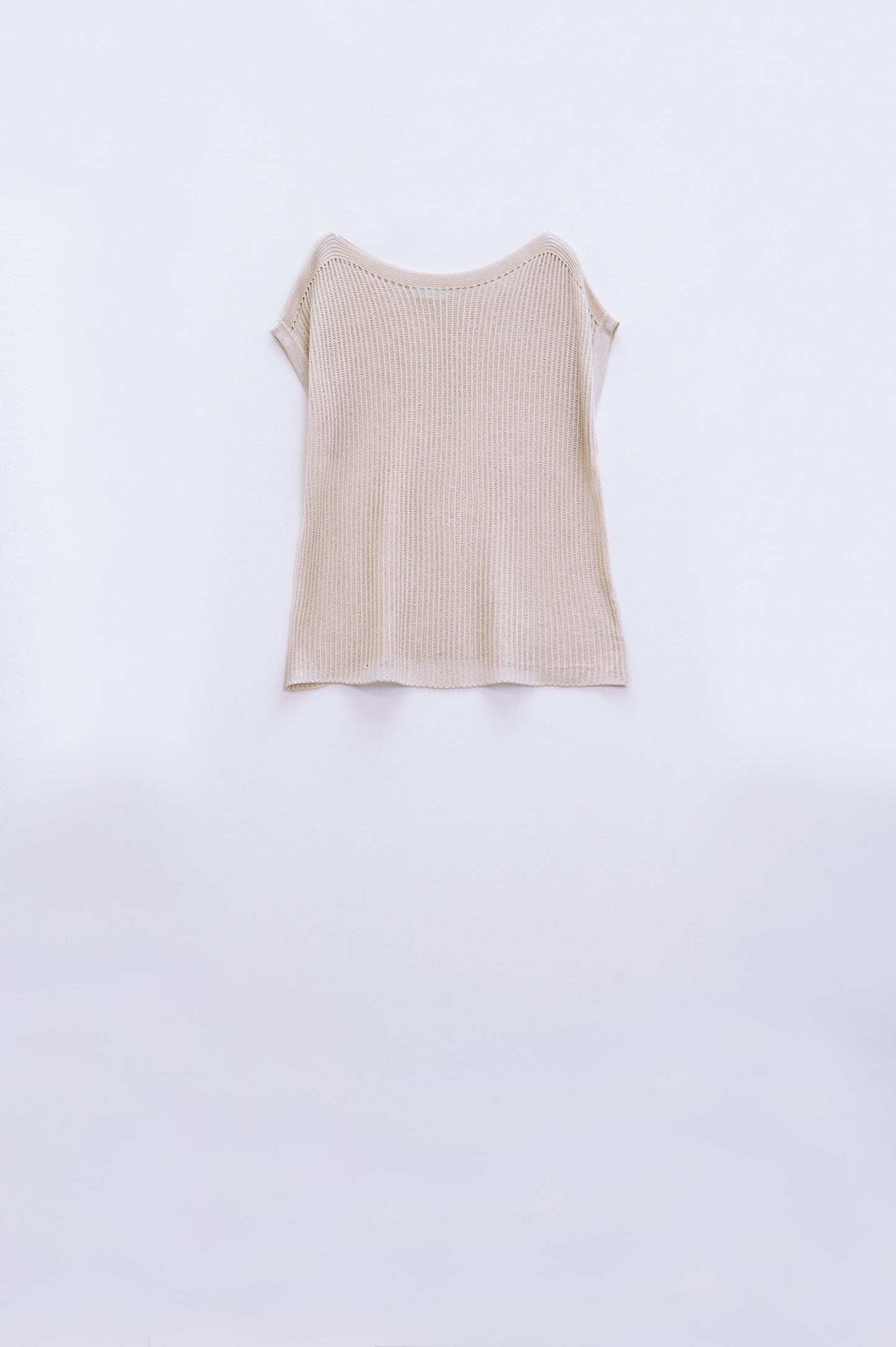 Boat Neck Ribbed Sweater With Cap Sleeves in Beige