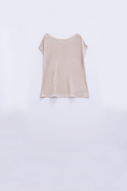 Boat Neck Ribbed Sweater With Cap Sleeves in Beige