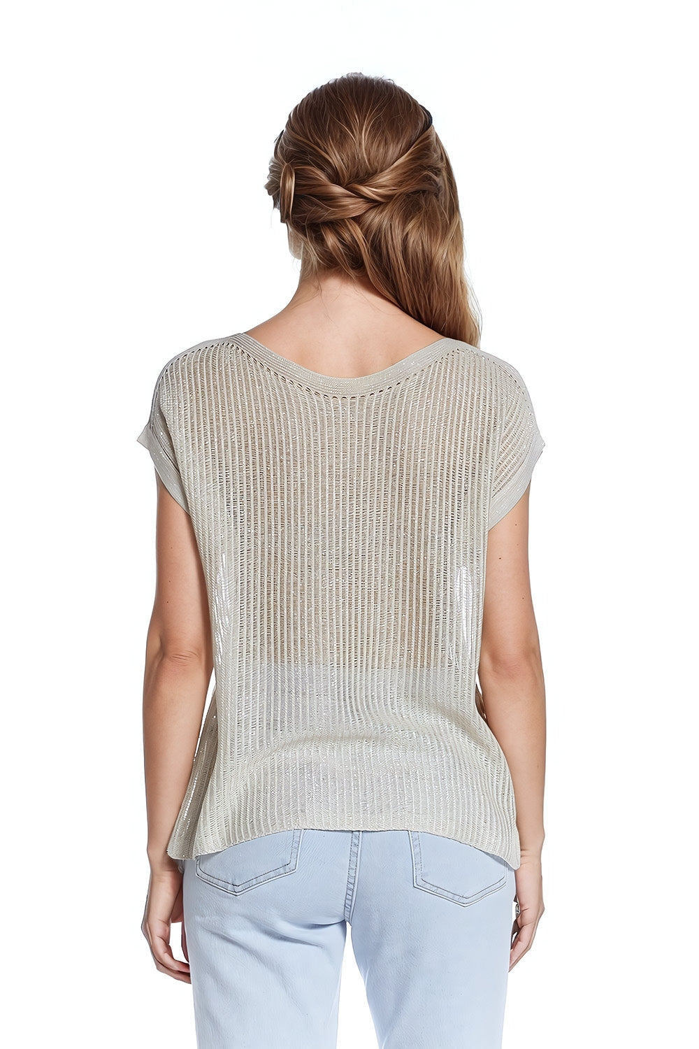 Boat Neck Ribbed Sweater With Cap Sleeves in Beige