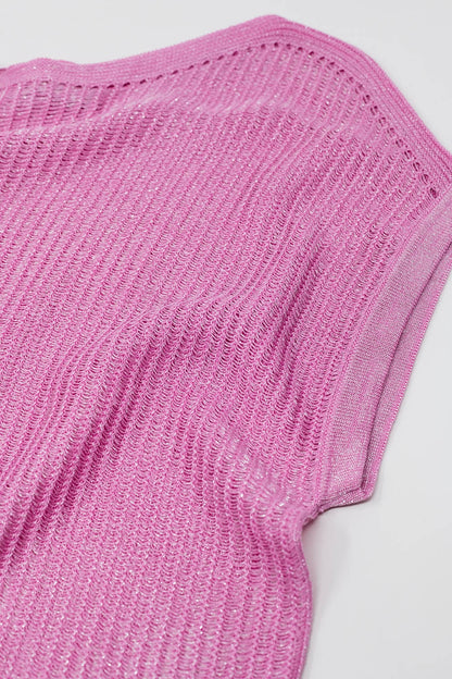 Boat Neck Ribbed Sweater With Cap Sleeves in Pink Fashion