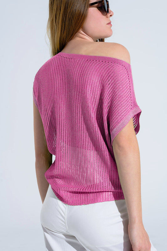 Boat Neck Ribbed Sweater With Cap Sleeves in Pink Fashion