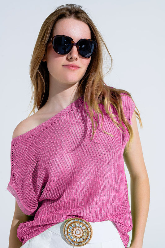 Boat Neck Ribbed Sweater With Cap Sleeves in Pink Fashion