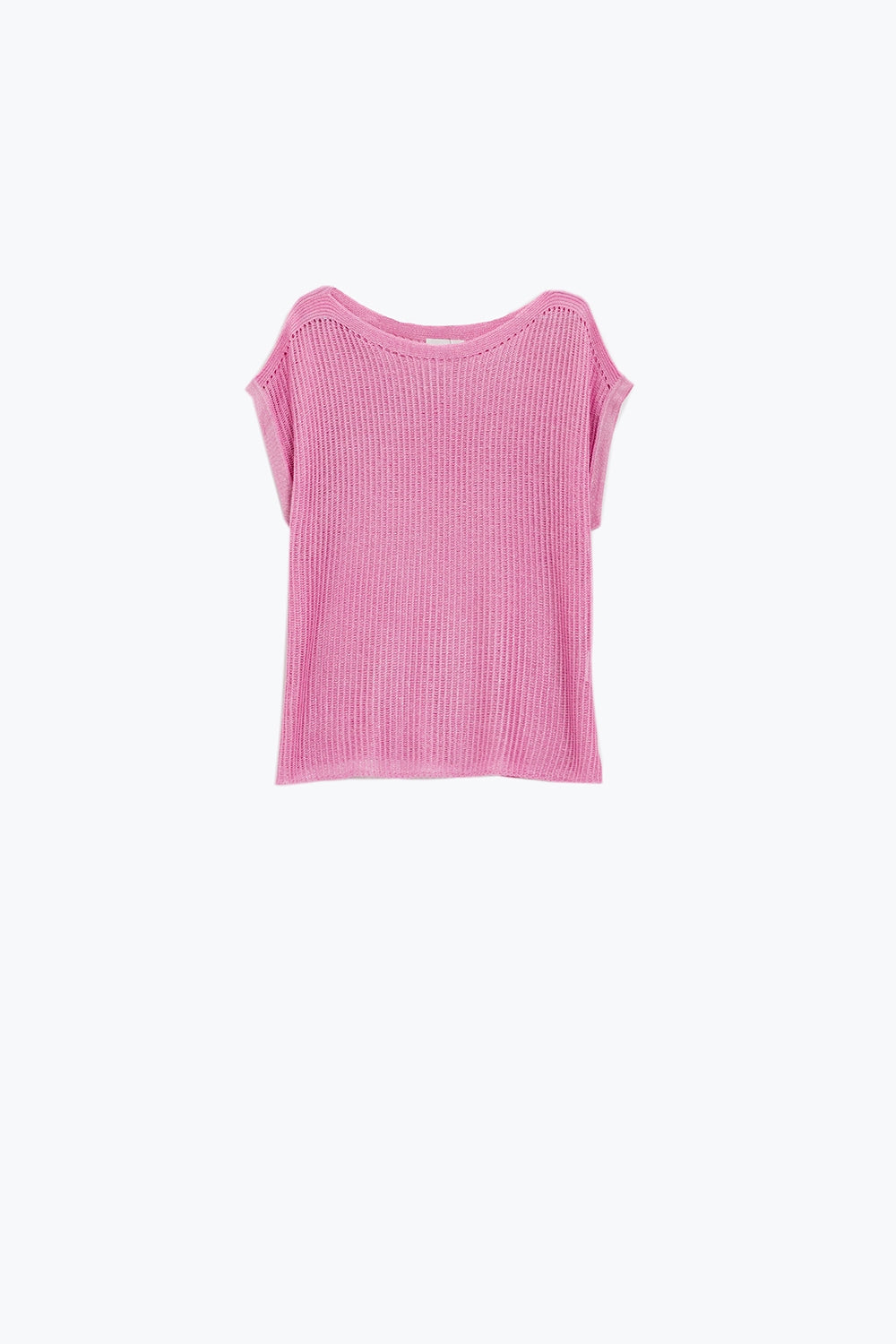 Boat Neck Ribbed Sweater With Cap Sleeves in Pink Fashion