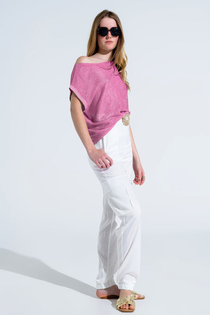 Boat Neck Ribbed Sweater With Cap Sleeves in Pink Fashion