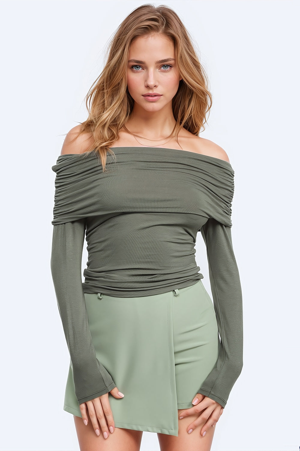 Bodycon Off Shoulder Top in Green Khaki with Ruched Details