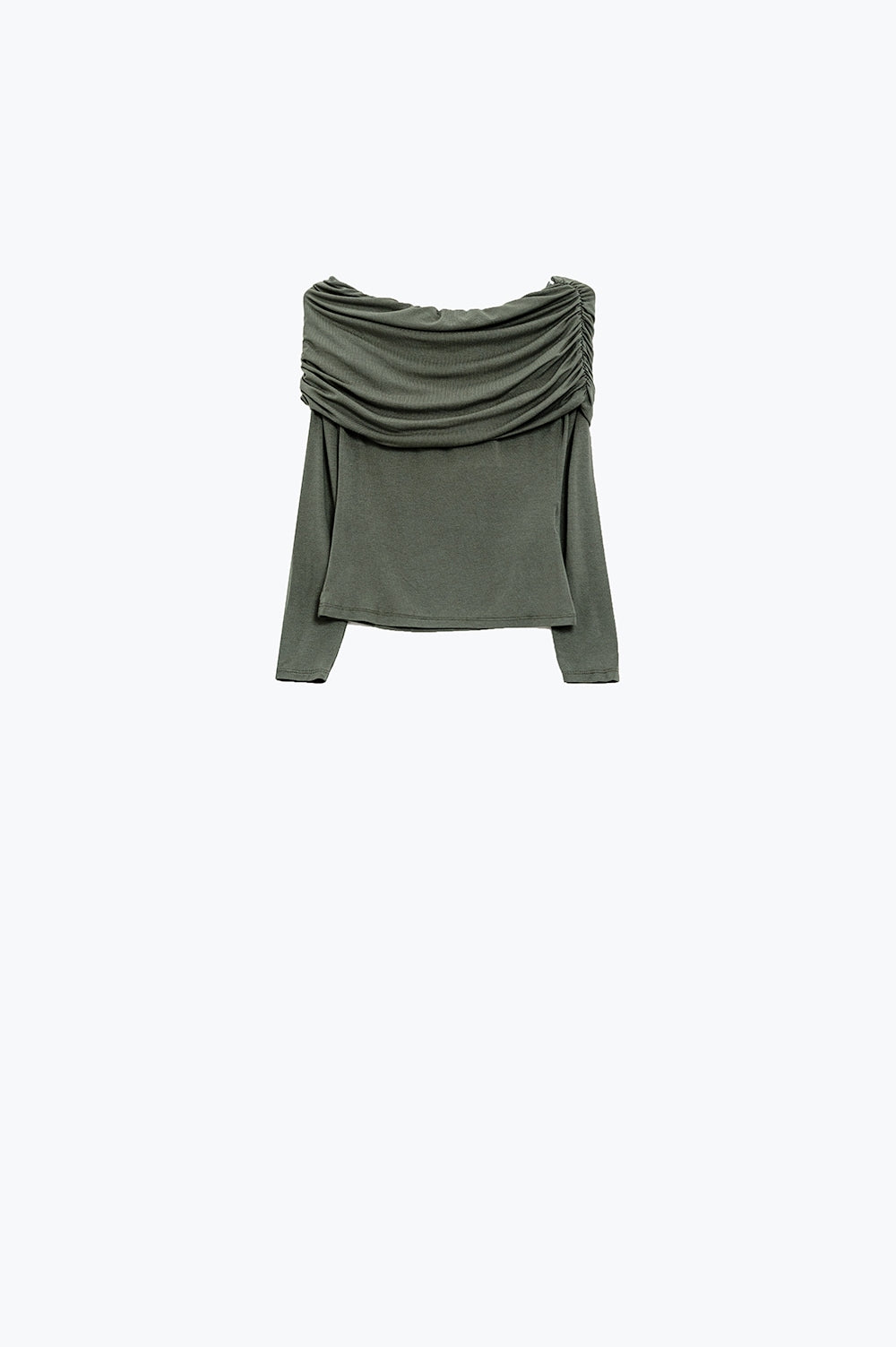 Bodycon Off Shoulder Top in Green Khaki with Ruched Details