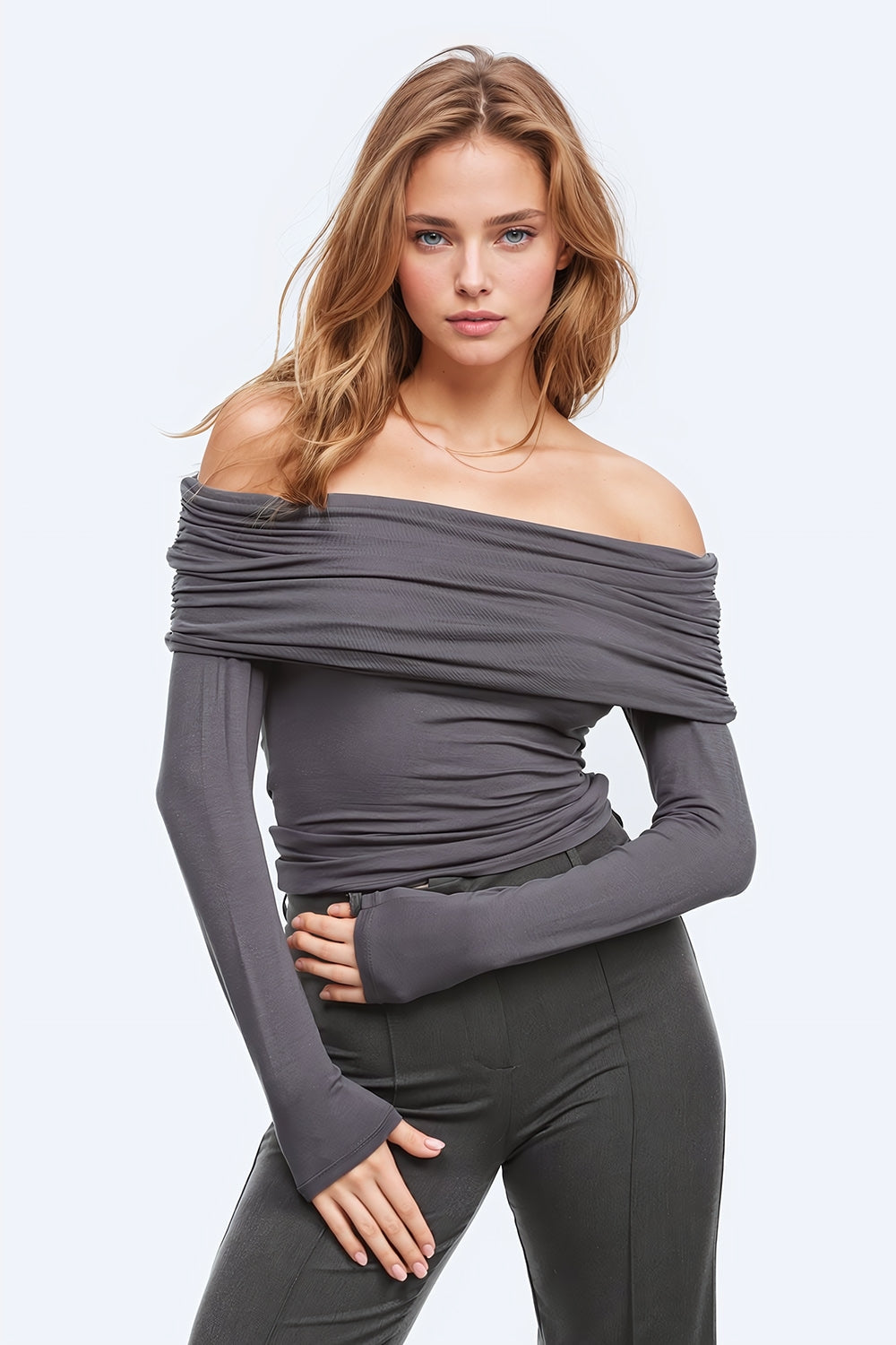 Bodycon Off Shoulder Top in Grey with Ruched Details