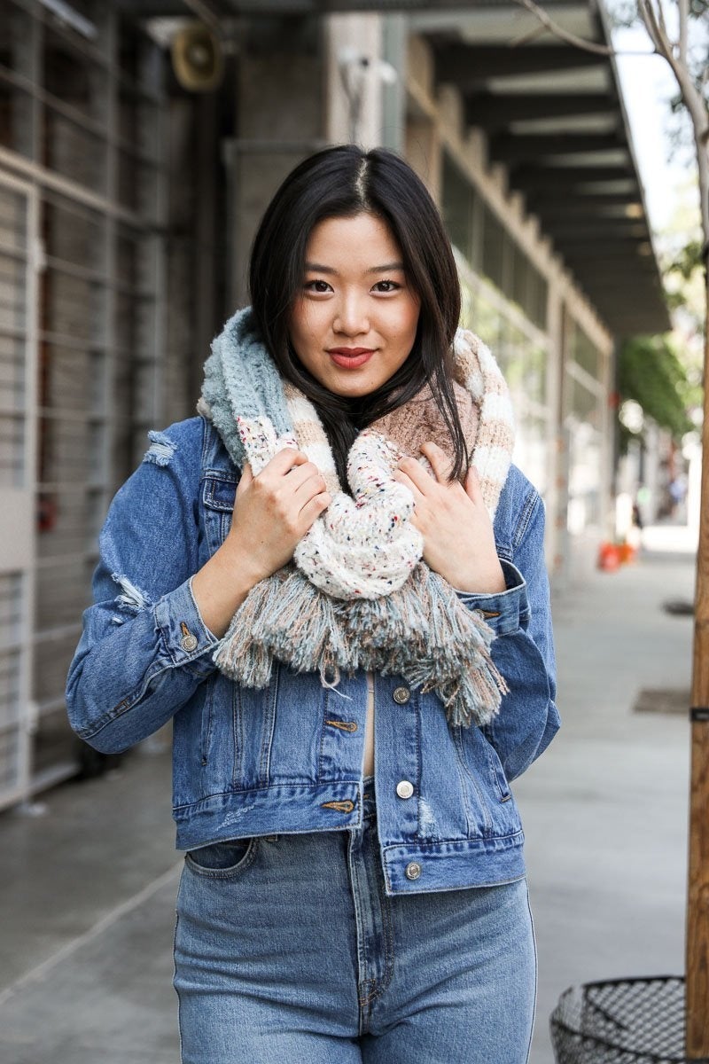 Boho Speckle Stripe Tassel Scarf - Stylemz